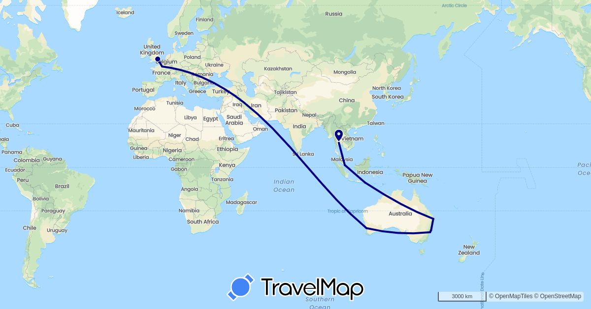 TravelMap itinerary: driving in Australia, France, United Kingdom, Indonesia, Singapore, Thailand (Asia, Europe, Oceania)